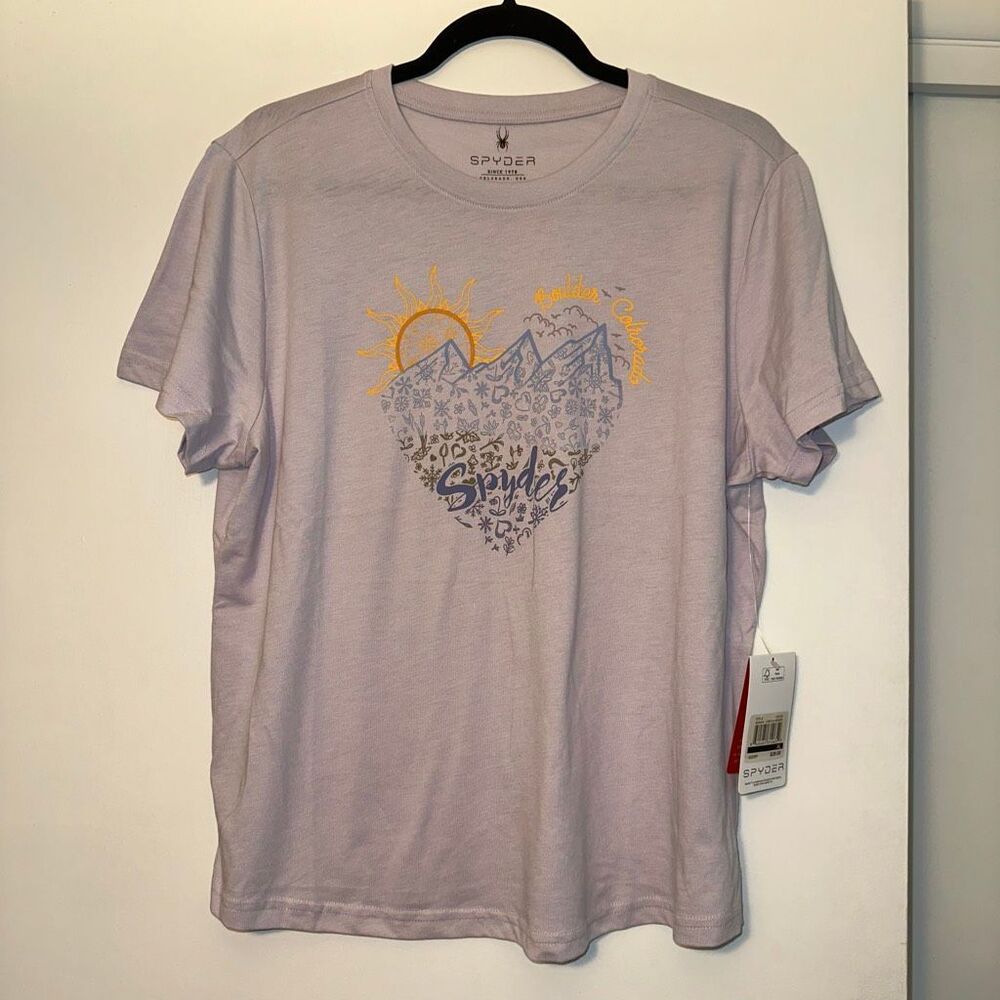 Spyder Women’s XL Short Sleeve Colorado Graphic Tee Lilac Mountain Sun Heart NWT